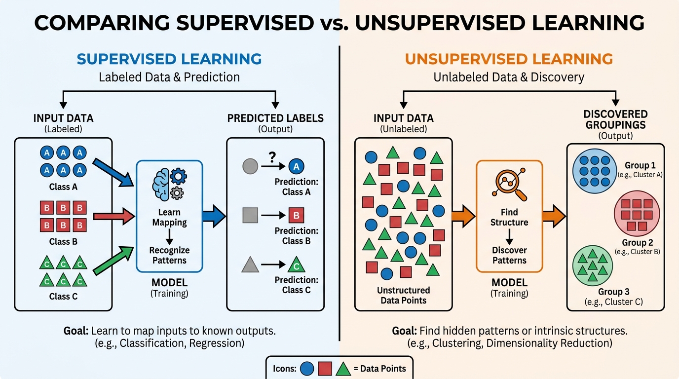 A diagram illustrating the difference between supervised learning (data with labels) and unsupervised learning (data without labels, where patterns are discovered).
