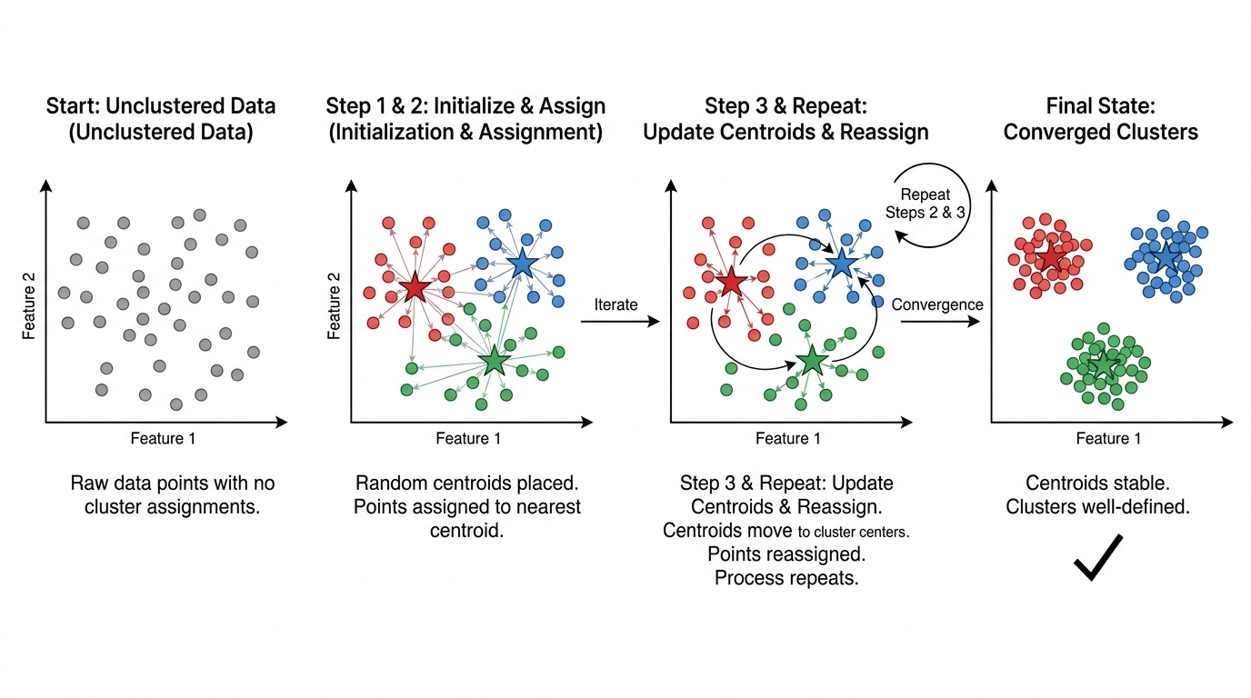 An illustrative diagram showing the iterative process of K-Means clustering: random centroid initialization, data point assignment, and centroid update, repeated until convergence.