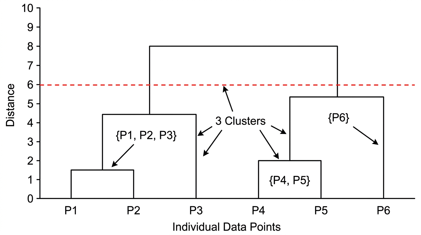 A dendrogram illustrating hierarchical clustering, showing how individual data points are progressively merged into larger clusters based on their distance, with a horizontal line indicating how to cut the tree to form a specific number of clusters.