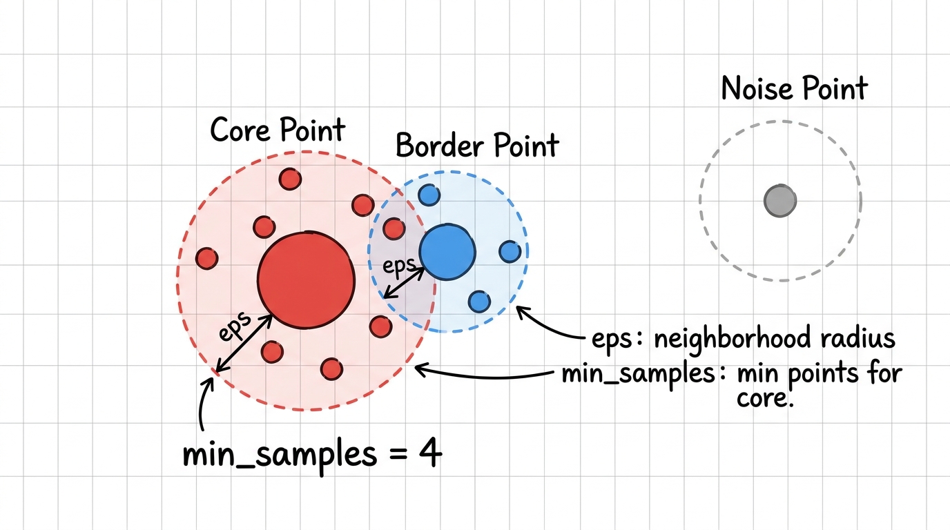 A diagram illustrating DBSCAN concepts: core points (dense regions), border points (on cluster edges), and noise points (outliers), defined by 'eps' (radius) and 'min_samples' (density threshold).