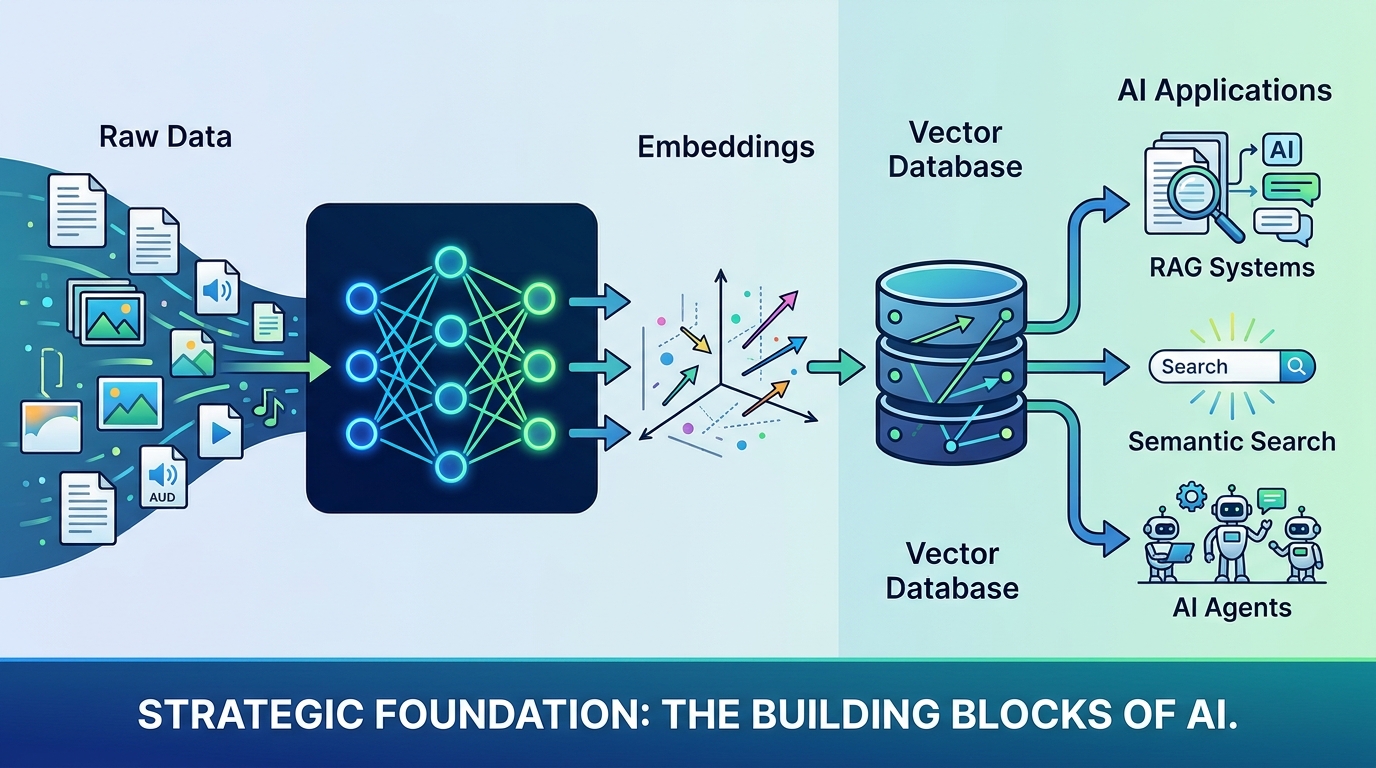 A comprehensive diagram illustrating the AI semantic stack, showing raw data transforming into embeddings, stored in vector databases, and powering AI applications like RAG and semantic search.