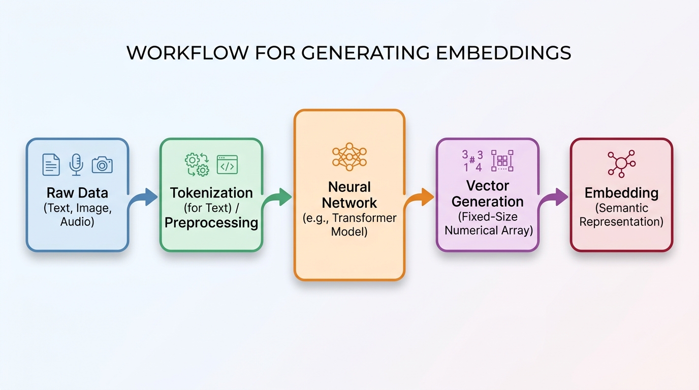 Workflow diagram showing the steps to generate embeddings: Raw Data -> Tokenization/Preprocessing -> Neural Network -> Vector Generation -> Embedding.