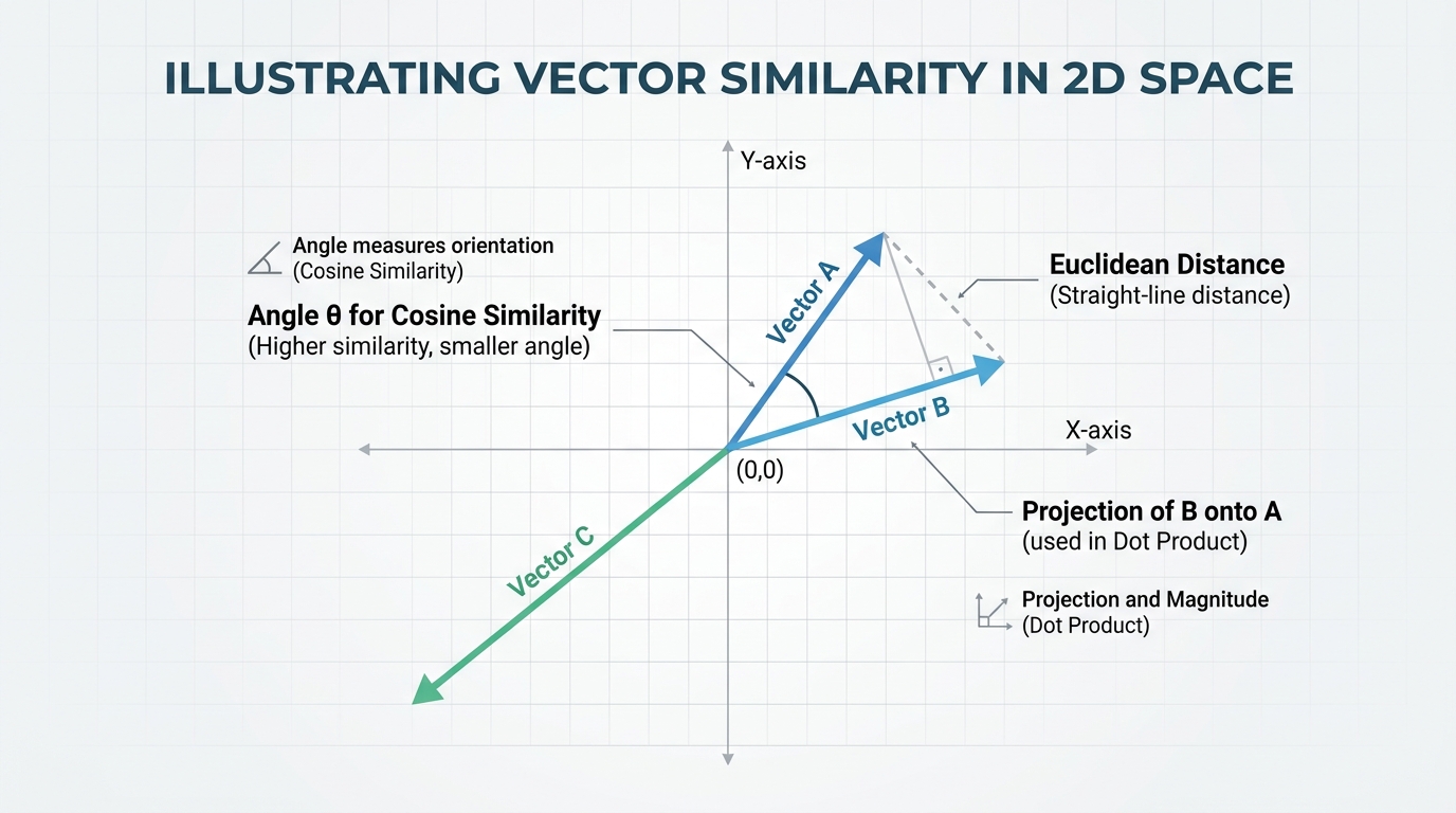 A 2D visualization of vectors in space, demonstrating cosine similarity as the angle between vectors, and Euclidean distance as the straight-line distance between their endpoints.