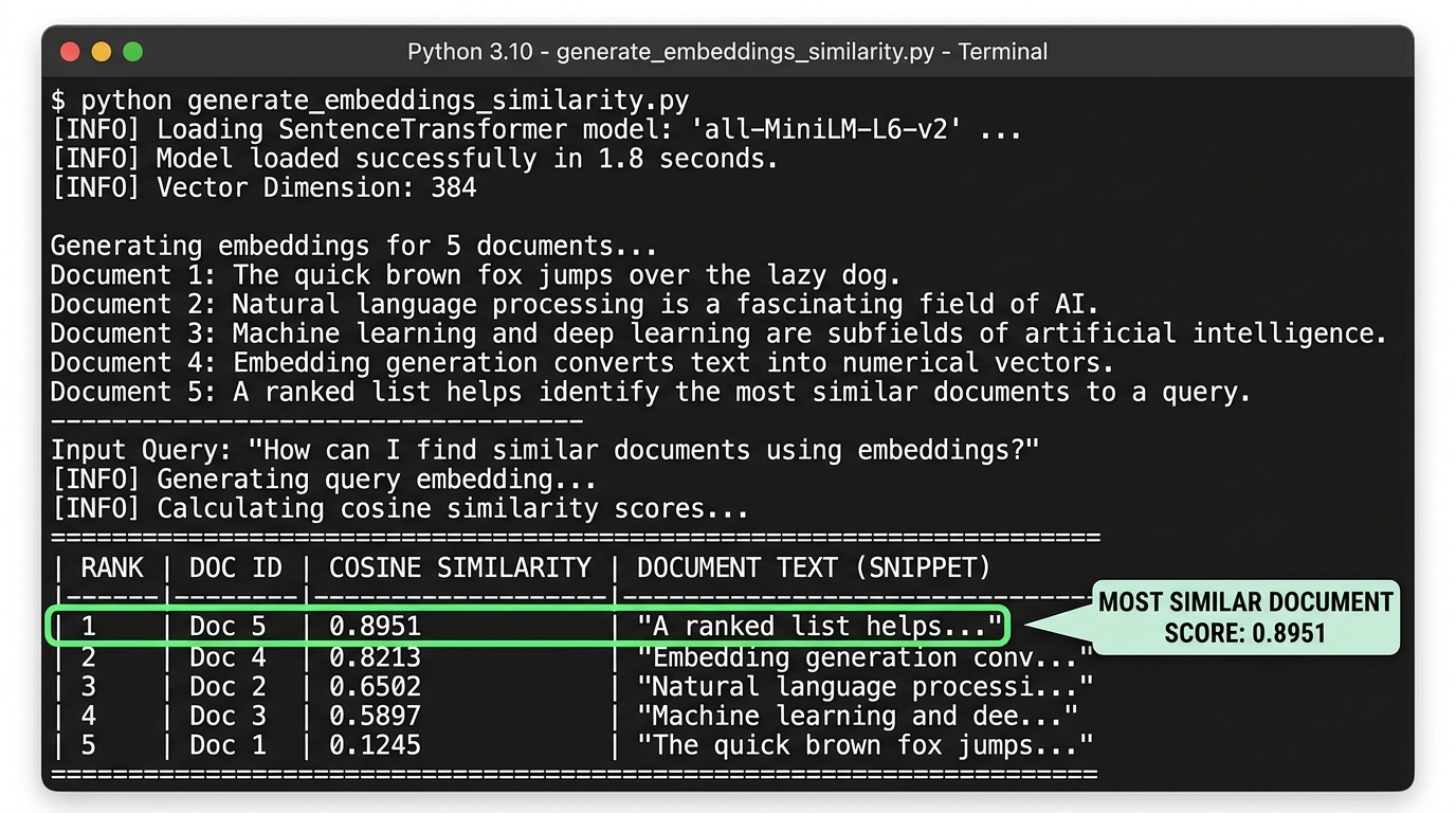 Screenshot of Python code output demonstrating sentence embedding generation and cosine similarity calculation, showing a query matched to the most relevant document.