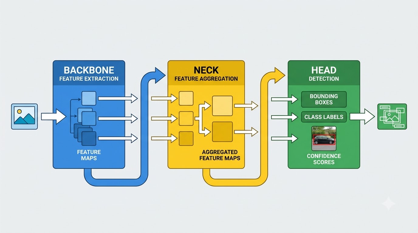 A diagram illustrating the YOLO object detection architecture, showing the sequential flow from Backbone for feature extraction, to Neck for feature aggregation, and finally to Head for prediction generation.