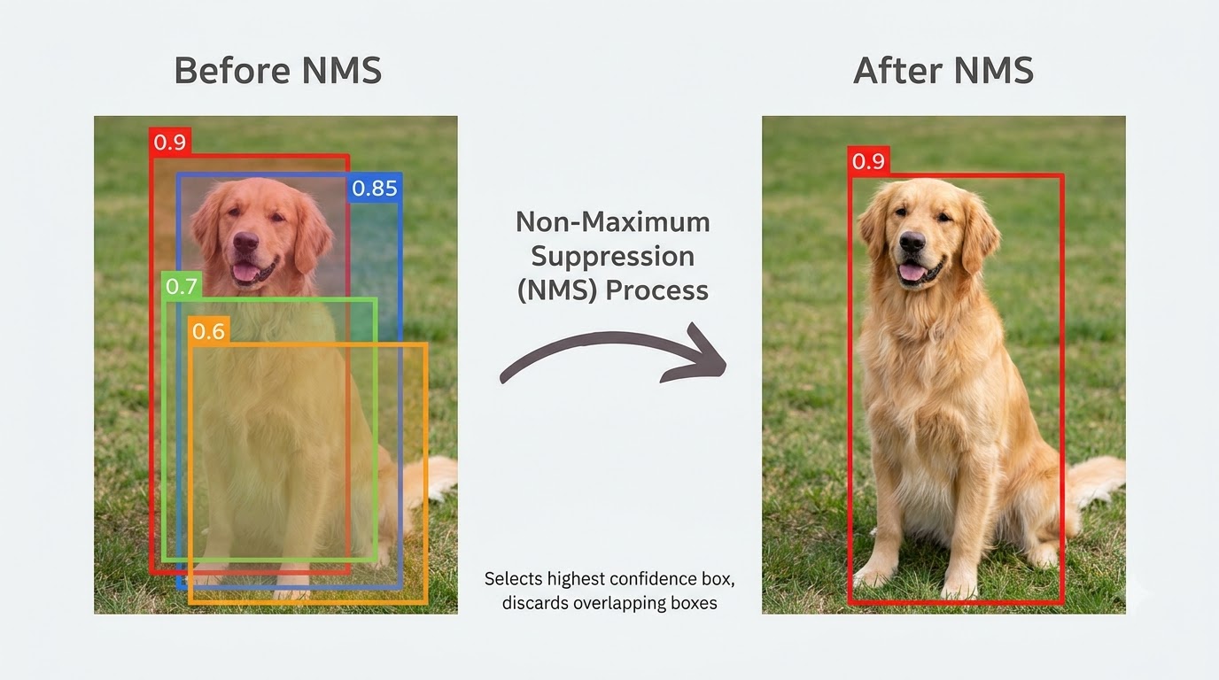 An illustration of Non-Maximum Suppression (NMS) showing multiple overlapping bounding boxes around an object before NMS, and a single, most confident bounding box after NMS.