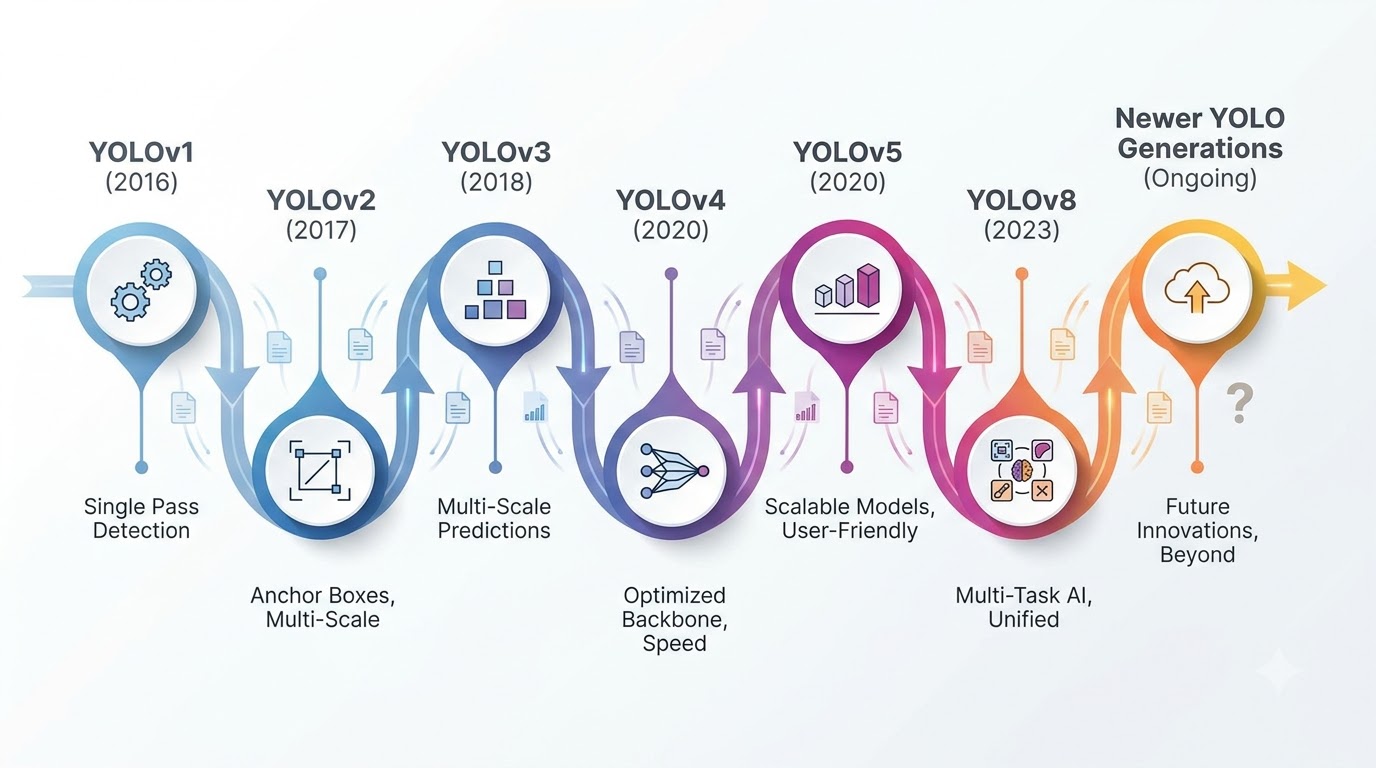 A timeline illustrating the evolution of YOLO models from YOLOv1 to YOLOv8 and newer generations, highlighting key advancements in each version.