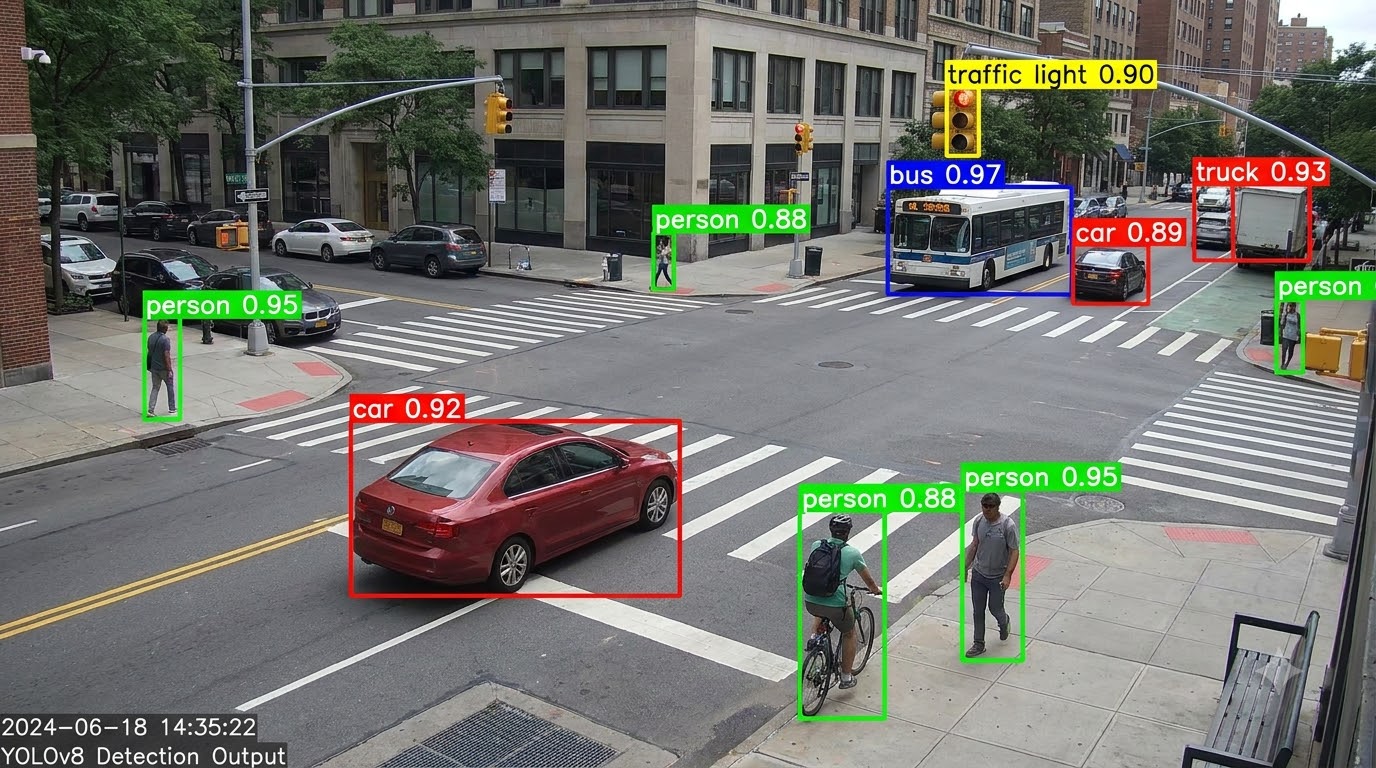 An example image showing the results of YOLO object detection, with bounding boxes, class labels, and confidence scores drawn around detected objects like people and vehicles.