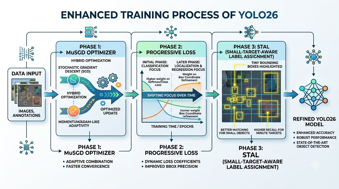 Diagram illustrating YOLO26's smarter training strategies: MuSGD optimizer, Progressive Loss, and Small-Target-Aware Label Assignment (STAL).