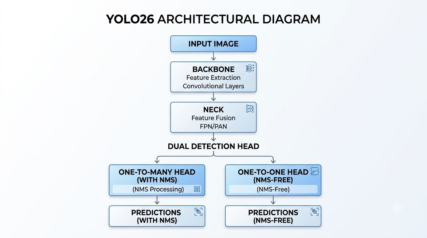 Conceptual architecture diagram of YOLO26 showing its backbone, neck, and dual detection head with one-to-many (NMS) and one-to-one (NMS-free) paths.