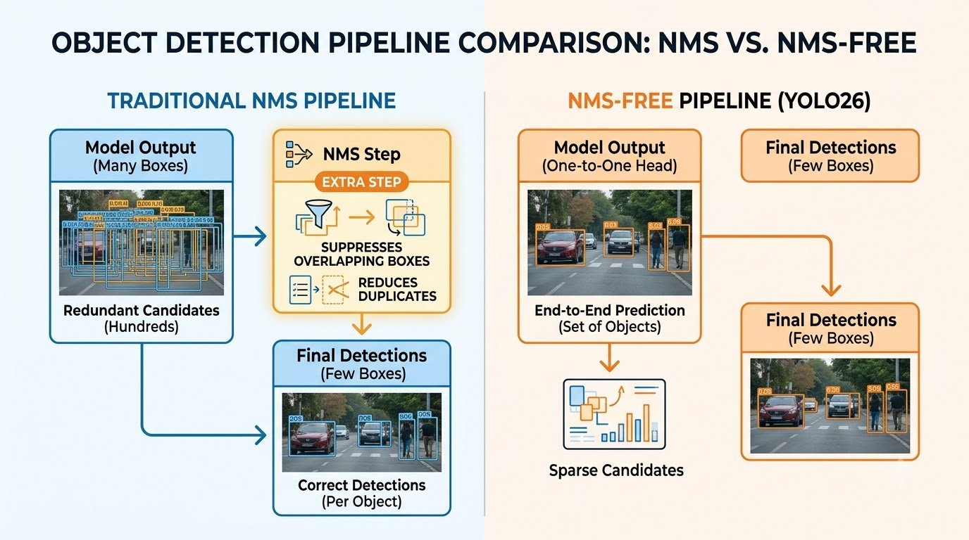Diagram comparing traditional object detection pipeline with NMS versus YOLO26's NMS-free end-to-end object detection pipeline.