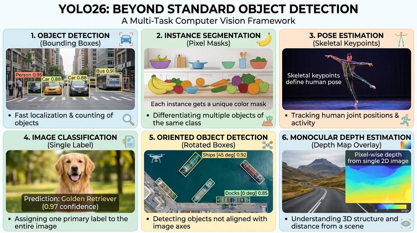 Visual examples of YOLO26's diverse capabilities including object detection, instance segmentation, pose estimation, image classification, oriented object detection, and monocular depth estimation.